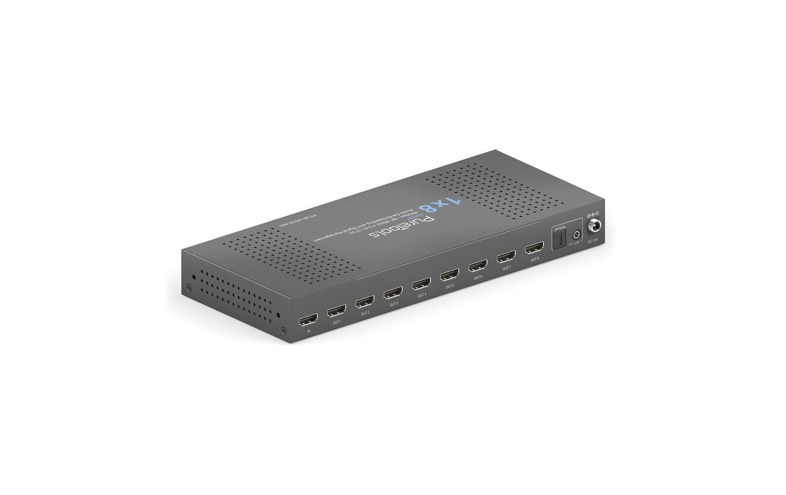 Splitter PT-SP-HD18-48G 1 x 8 HDMI 2.1 - 48Gbps - 8K<br>PureTools - 1 x 8 HDMI2.1 Splitter - 48Gbps - 8K (60 Hz 4:2:0) 12 bit, Audio De-Embedding und Signal Management