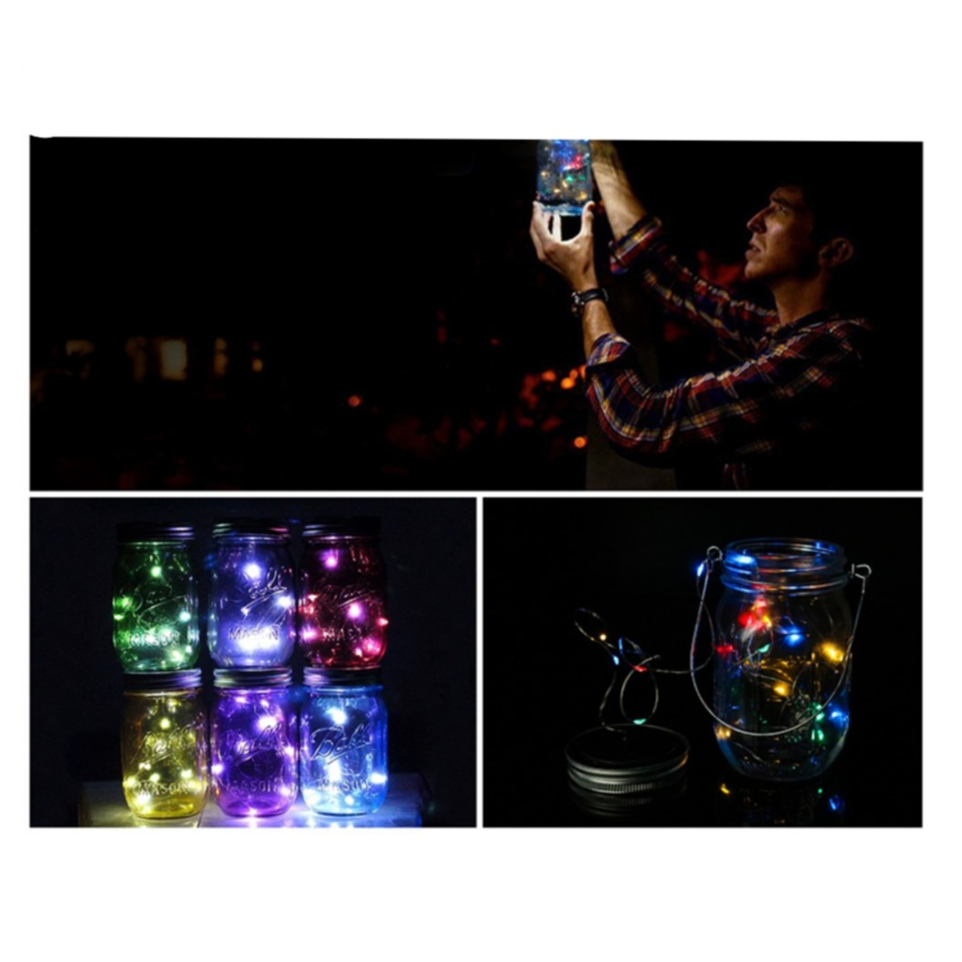 (6er Set) Ø7cm 20 LED's Solar Glas Laterne Flaschenlicht Deckel Outdoor Deko Beleuchtung   Aufhängehaken - Bunt