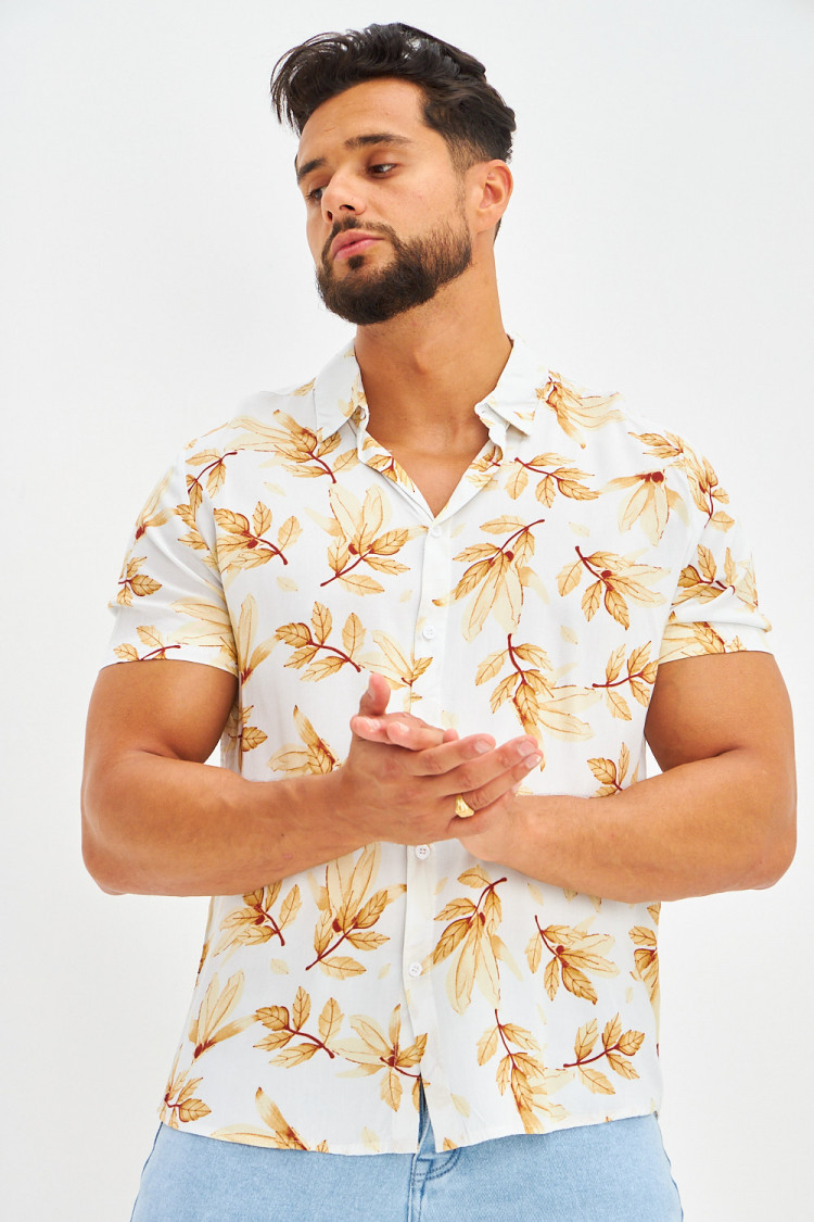 Chemise manches courtes motifs feuilles blanche