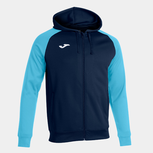 Jaqueta com capuz Joma Academy IV, azul marinho, turquesa fluorescente.