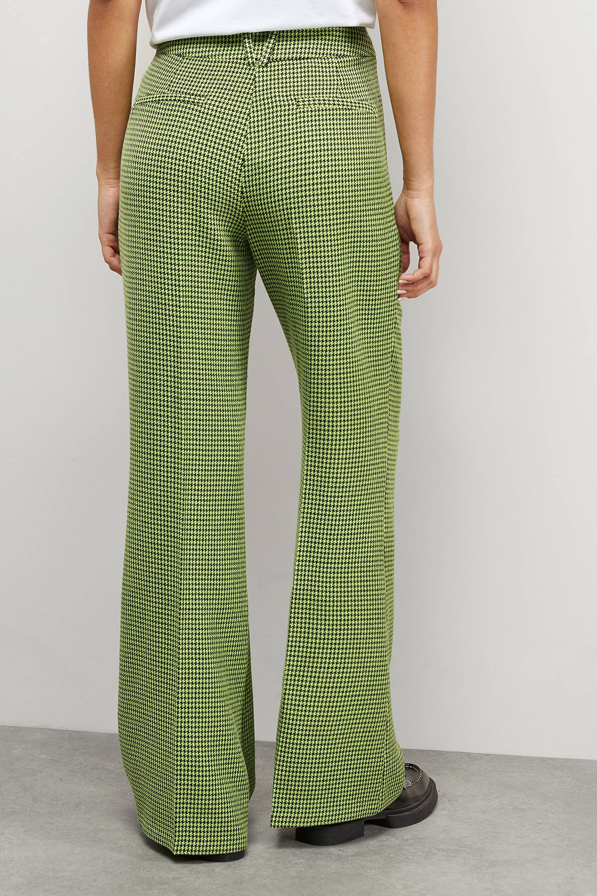 Warehouse Pantalon Coordonné Taille Haute Pied-de-Poule Lime avec Ceinture Profonde