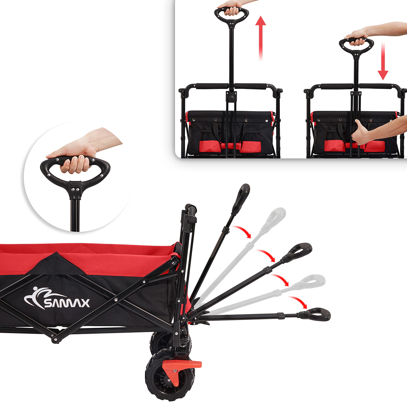 SAMAX Faltbarer Bollerwagen Offroad mit Dach - Schwarz / Rot