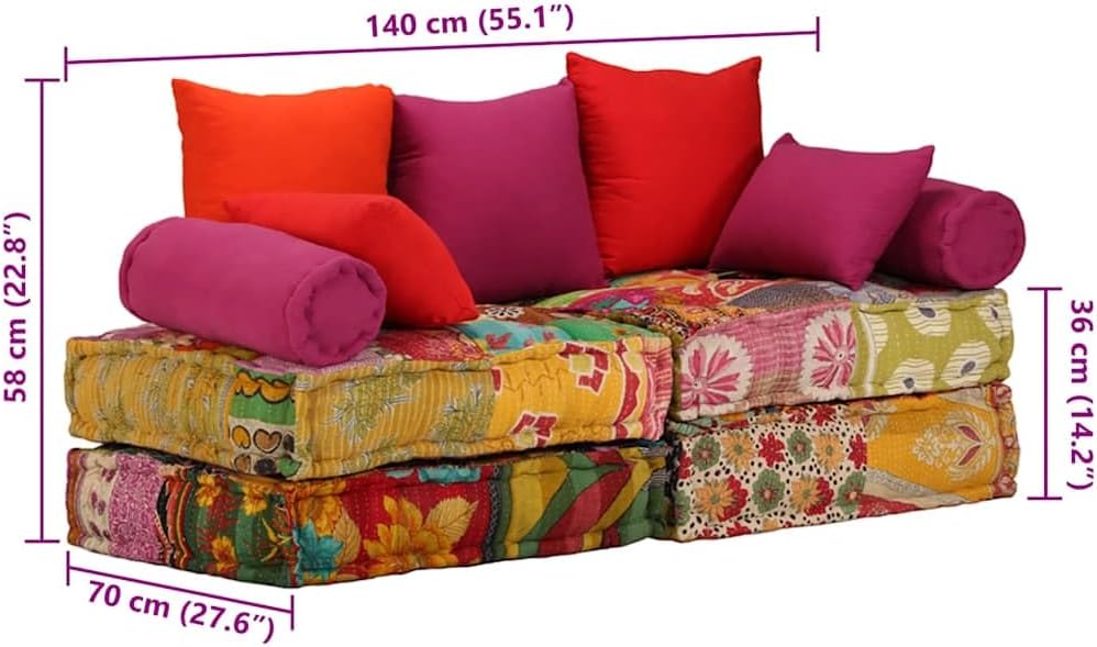 vidaXL Pouf 2-Sitzer Modular Patchwork Stoff Sofa Bodenkissen Sitzpouf Lounge