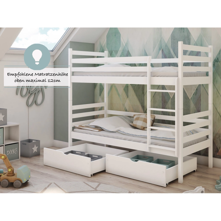 Kids Collective Hochbett 90x200 Etagenbett mit Rausfallschutz und Lattenrost weiß mit Schublade