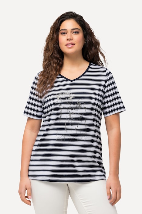 T-Shirt, Ringel, Metallic-Tiermotiv, V-Ausschnitt, Halbarm