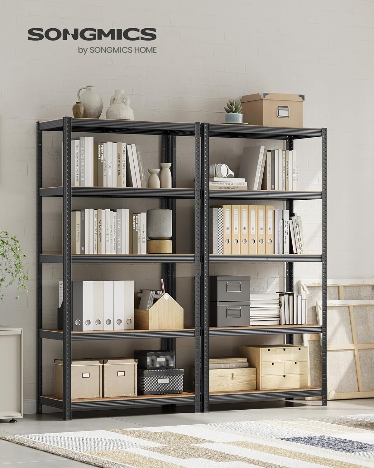 SONGMICS Standregal, 2er Set, Bücherregal, Lagerregal, 5 Ablagen, Küchenregal, Regal, 50 x 100 x 200 cm, bis 600 kg belastbar, verstellbare Ablagen, Industrie-Design, vintagebraun-schwarz GLR050B12