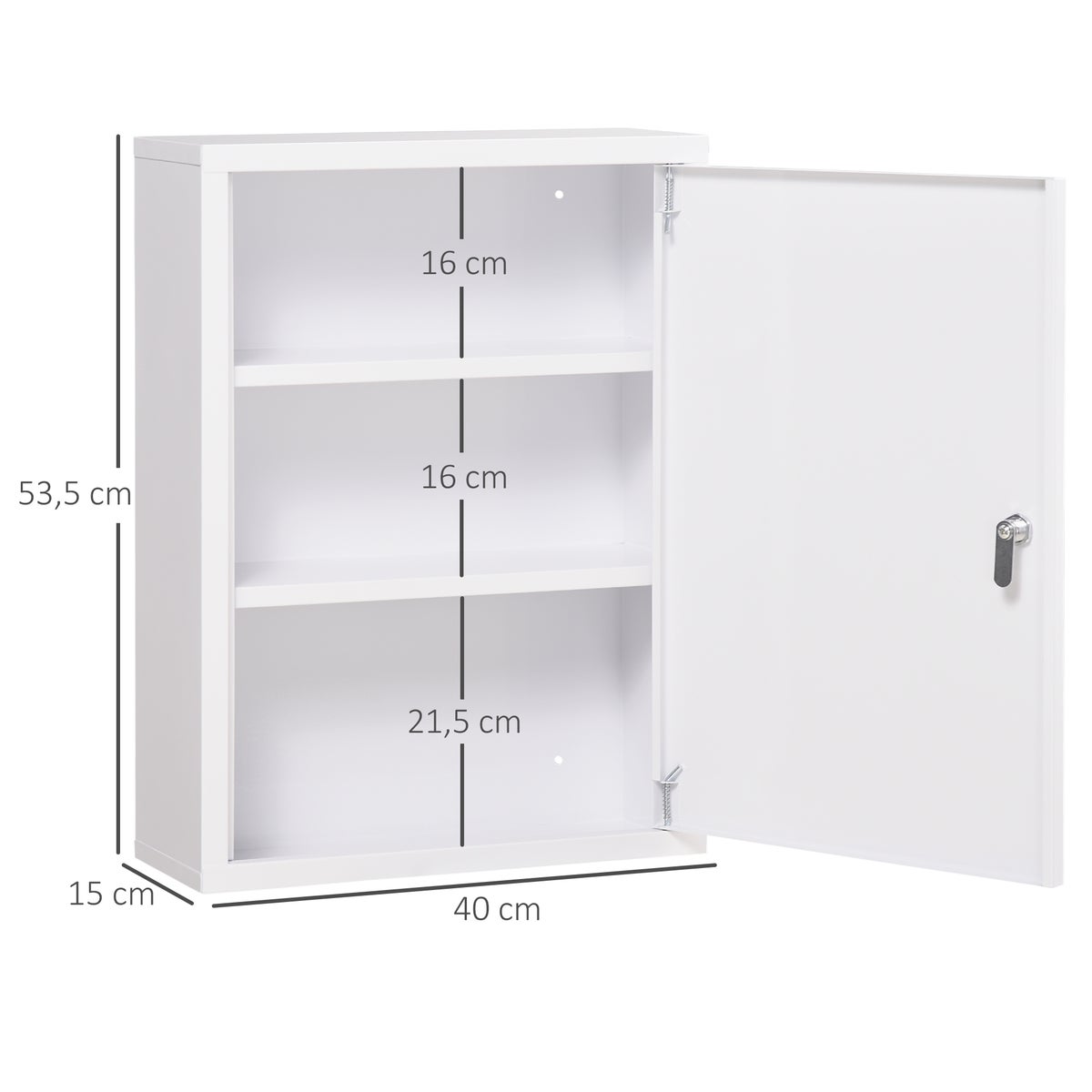 Kleankin Medicijnkast, Apothekerskast met 3 compartimenten, Afsluitbare EHBO-kast met 2 sleutels, Staal, Wit, 40 x 15 x 53,5 cm