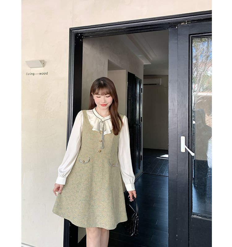 Appelsin - Mock Two-Piece Puff-Sleeve Tweed Mini A-Line Jurk