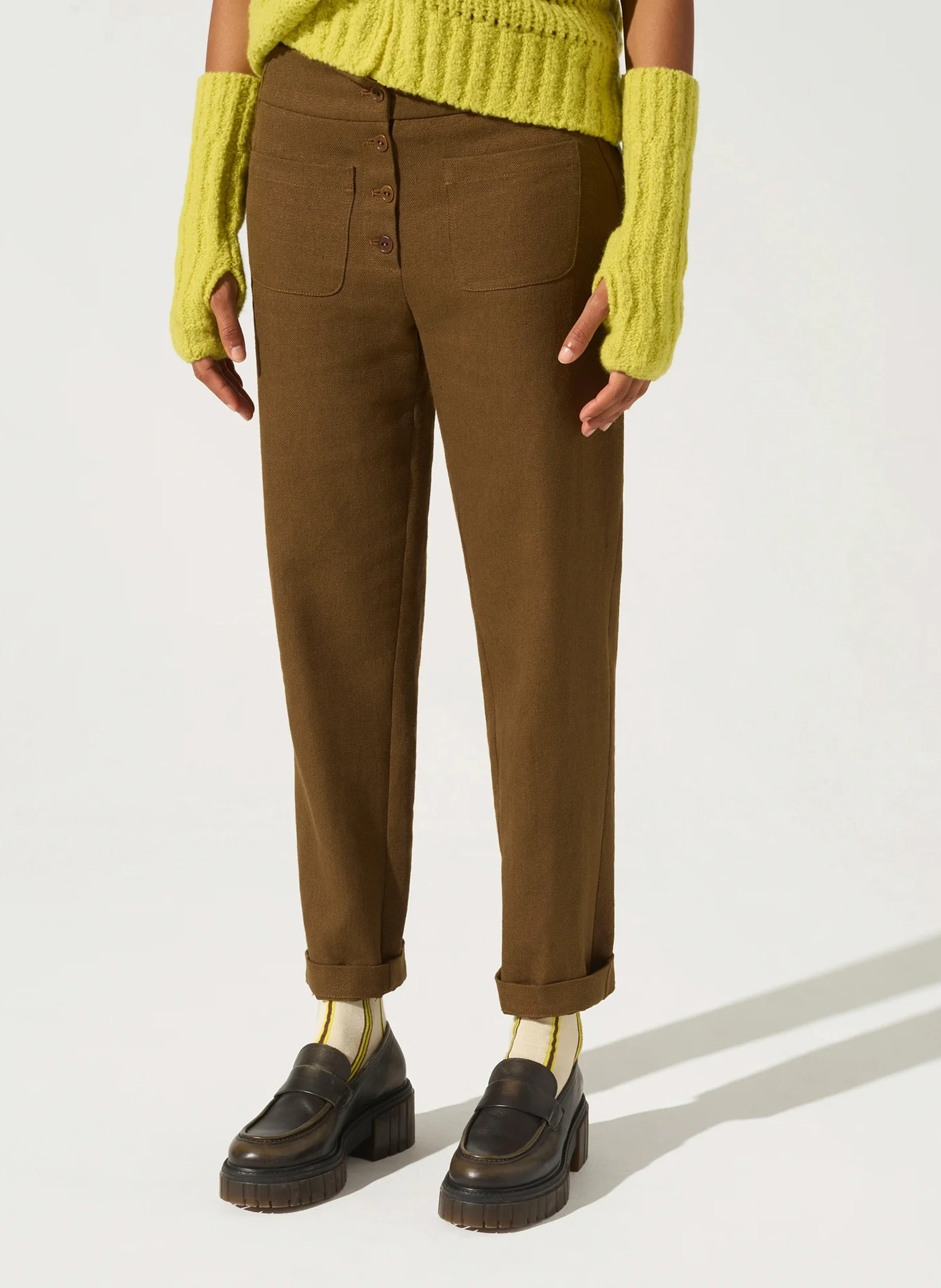 Pantalon droit en lin mélangé | Marron