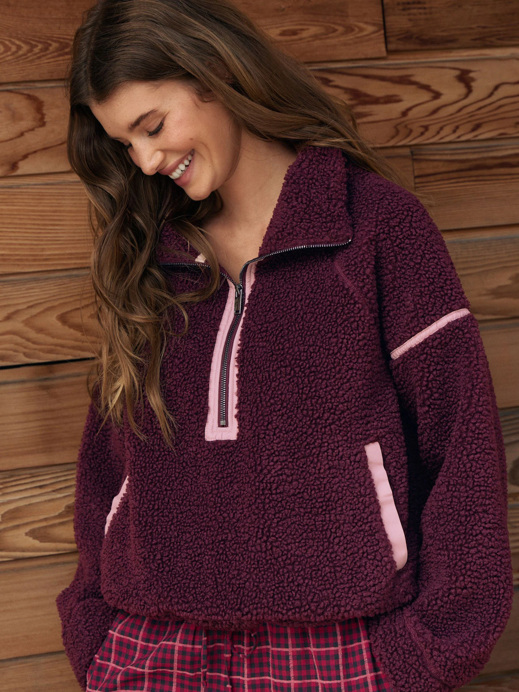 Bordeauxrood/roze - Borg fleece met korte rits