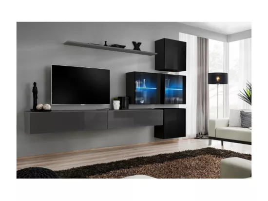 Ensemble meubles de salon SWITCH XIX design, coloris gris et noir brillant.
