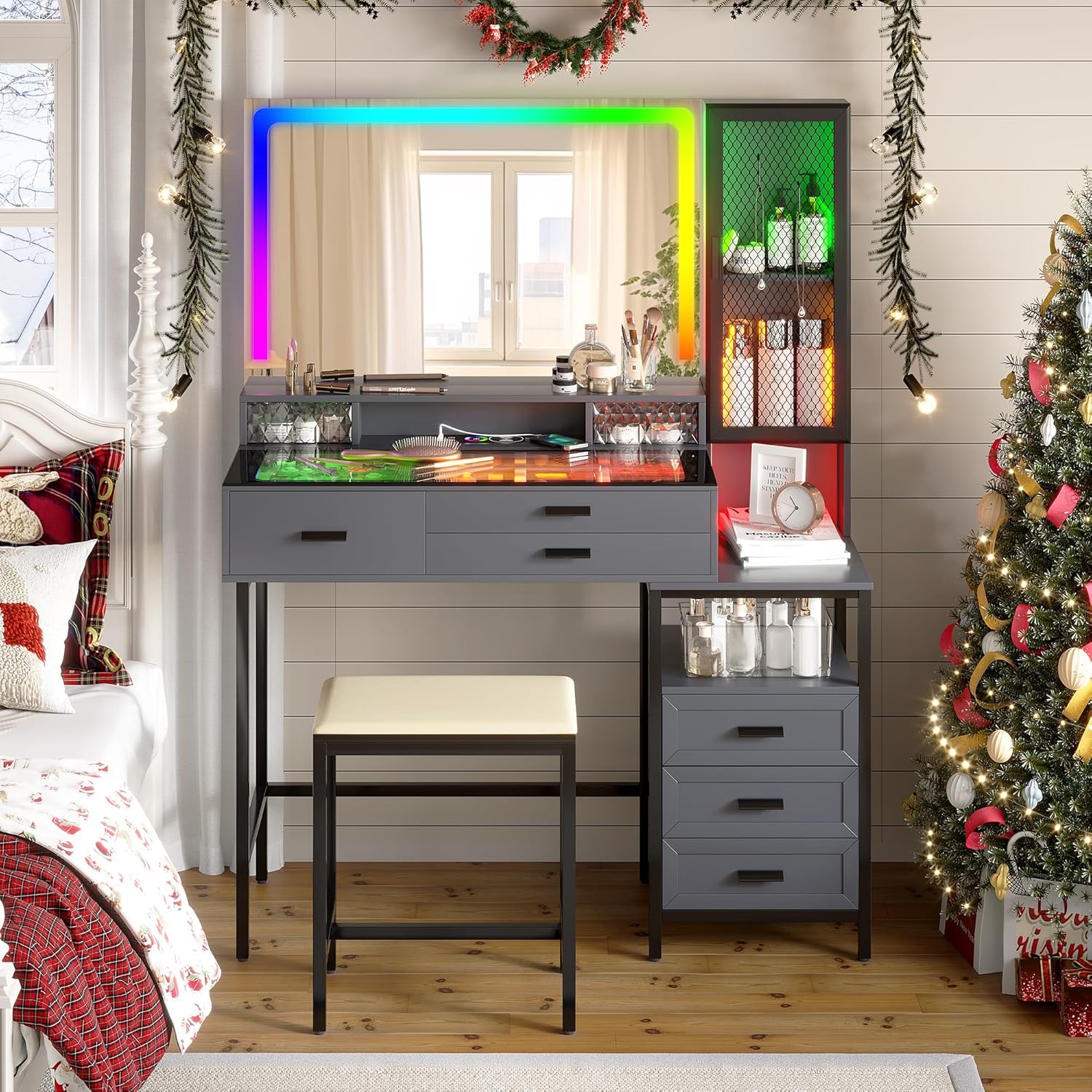 Lvifur Schminktisch Mit Spiegel und Led Beleuchtung für Schlafzimmer,RGB 24 Licht Schminktische mit 6 Schublade und Kabellosem Laden für Wohnzimmer IG2949327
