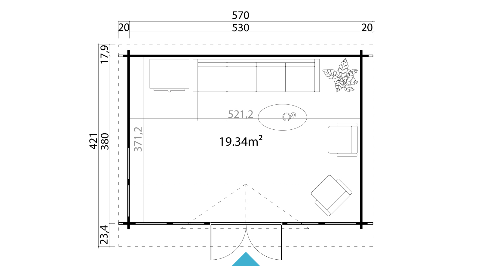 Gartenhaus BALMORAL 44 - gletschergrün - Fichte massiv - 380x239,4 cm