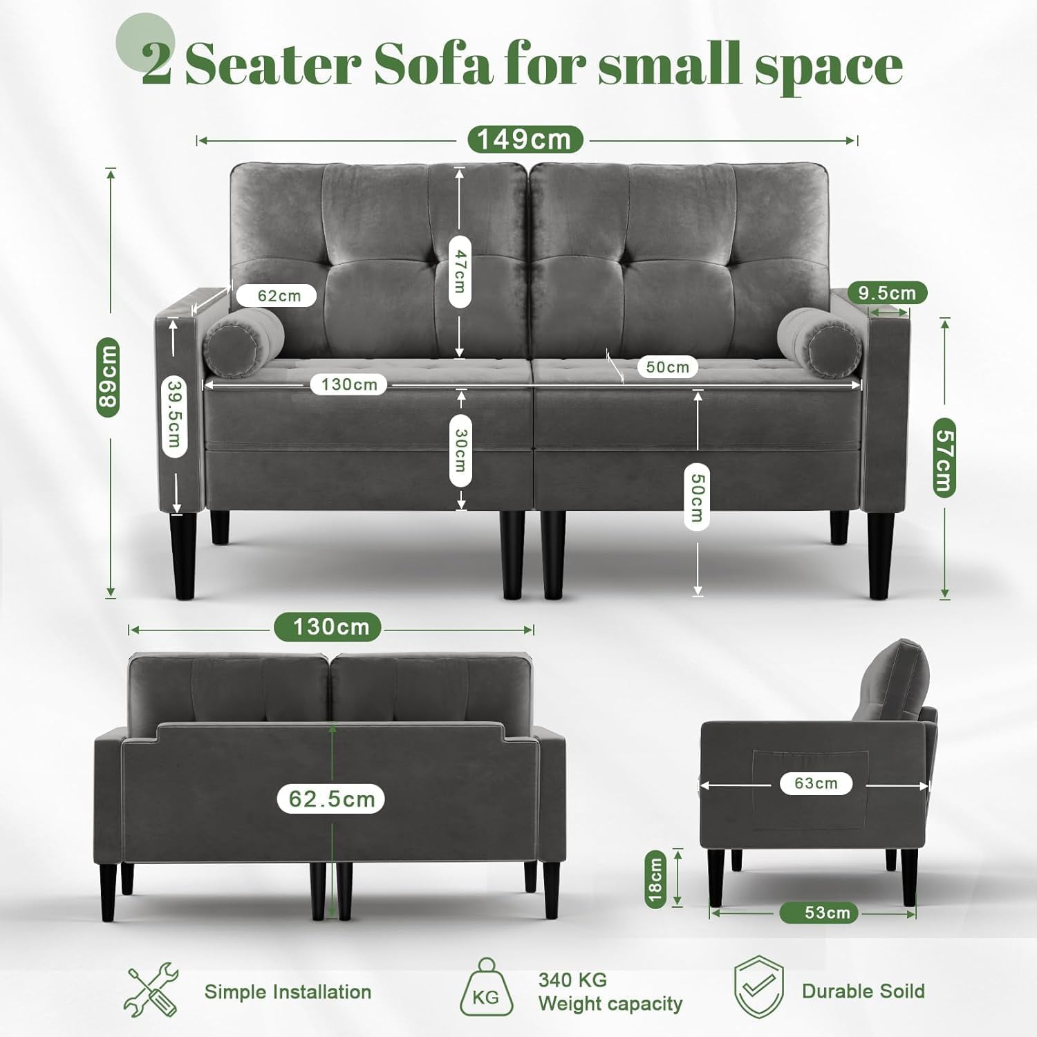 2-Sitzer-Sofa, Samt Couch mit 2 Kissen, Sitzkissen, Modernes Sofa in der Mitte des Jahrhunderts, kleine Sofas für Wohnzimmer/Wohnung/Schlafzimmer, Metallic-Grau