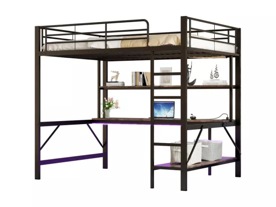 Lit mezzanine 140x200 cm - avec barrières - avec échelle - avec USB et prises - avec lumière LED - avec bureau + étagères à plusieurs niveaux - noir (sans matelas)