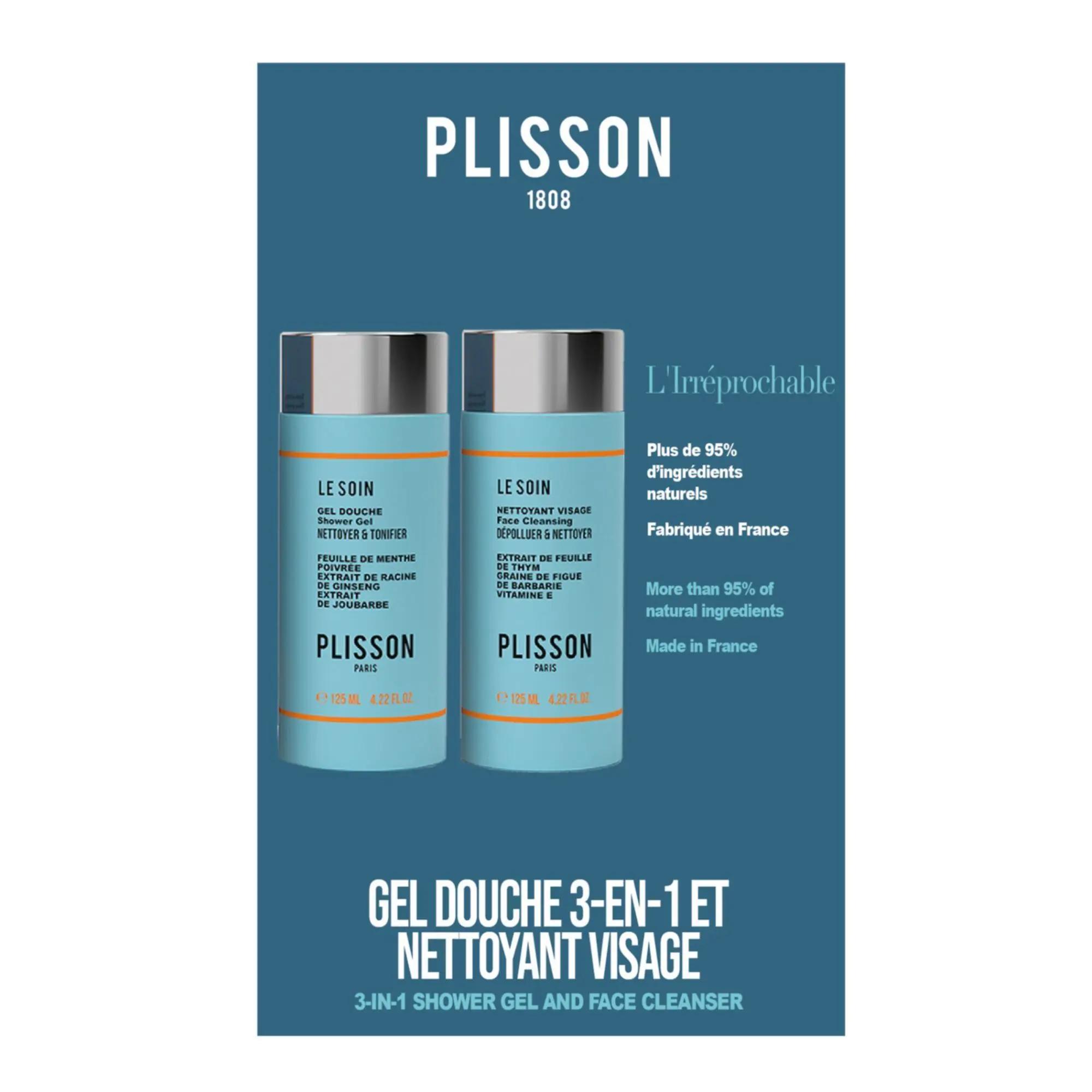 Plisson - Duo L'Irréprochable Nettoyant Visage & Gel Douche 3en1- Homme