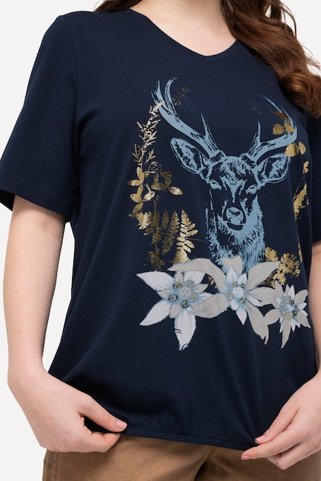 T-Shirt, Trachtenmotiv, V-Ausschnitt, Halbarm, Elastiksaum