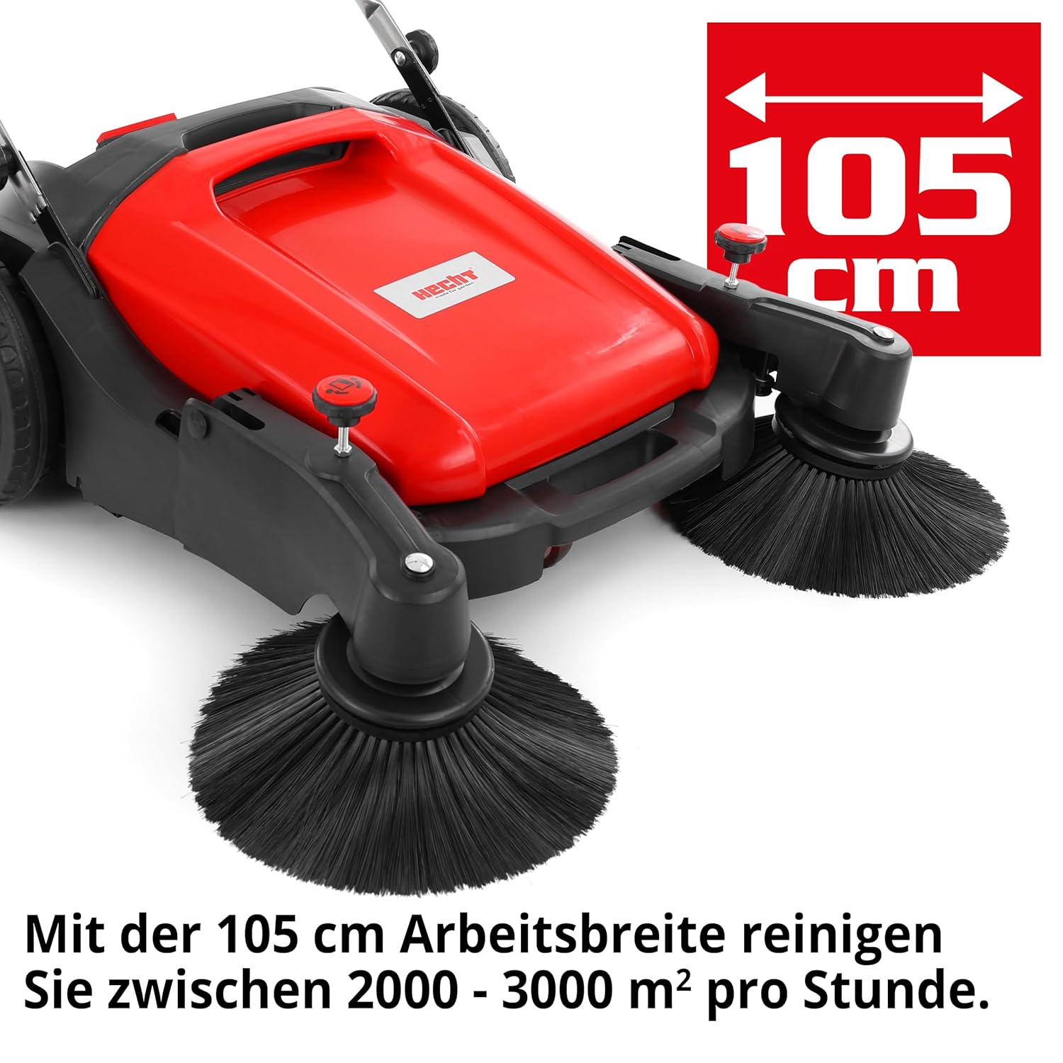 HECHT Kehrmaschine – 105 cm Arbeitsbreite – 350 mm Bürsten – 48 l Auffangbehälter – Kehrmaschine manuell – für große außen Flächen zum Laub, Schmutz & Kies beseitigen