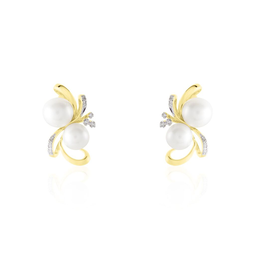 Boucles D'oreilles Puces Wandula Or Jaune Perle De Culture Et Diamant
