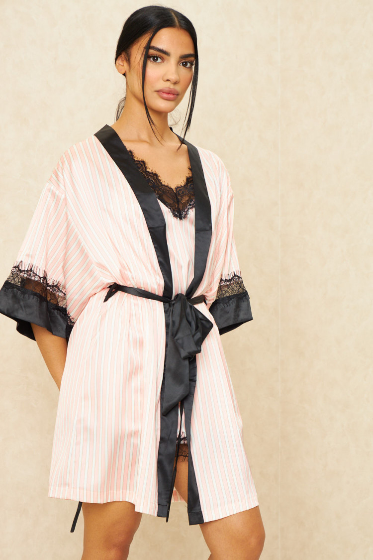 Ensemble 2 pièces pyjama rayé rose/blanc kimono + nuisette
