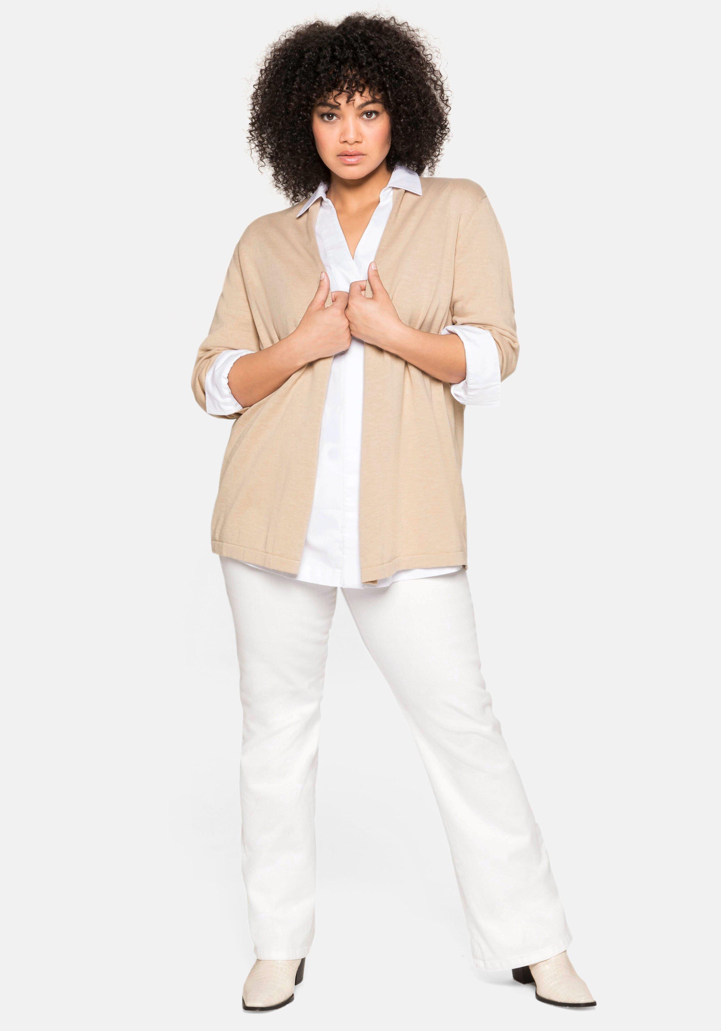 Strickjacke mit schmalem Schalkragen, offene Form