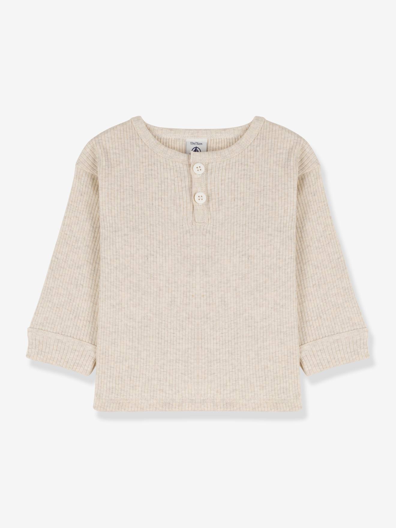 Camiseta infantil de manga comprida PETIT BATEAU em algodão orgânico, bege mesclado