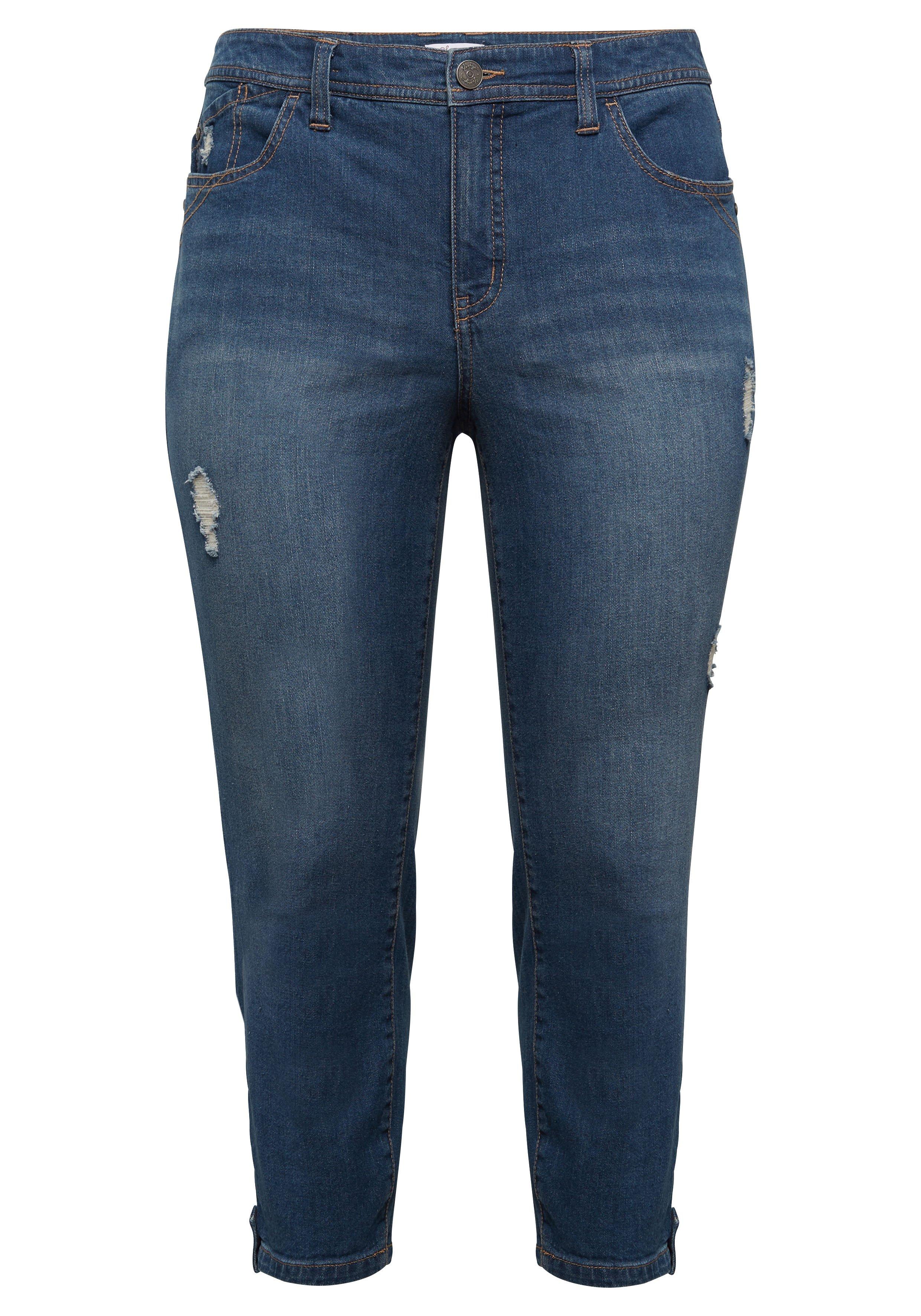 Slim Fit Jeans in 7/8-Länge mit Destroyed-Effekten