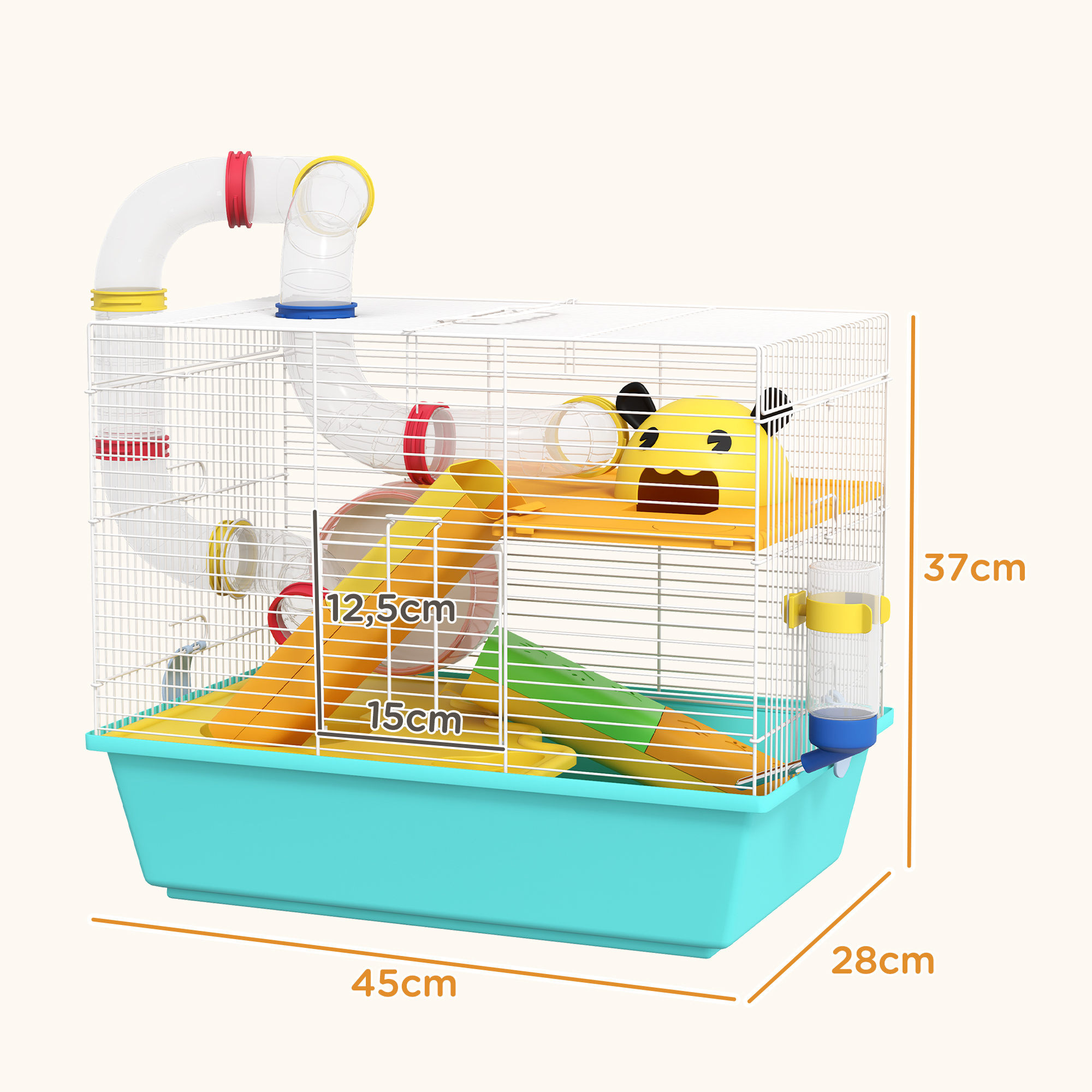 Gaiola PawHut para Hamster, Casinha para Pequenos Animais com Túnel, Plataformas, Bebedouro, Rampas e Roda de Exercícios, 45x28x37 cm, Azul Claro