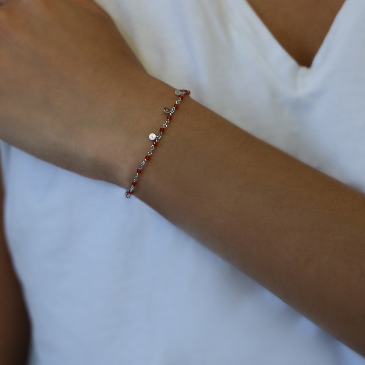 Bracelet Argent Rhodié Serties Et Pierre Onyx Rouge16,5 cm,18 cmcm