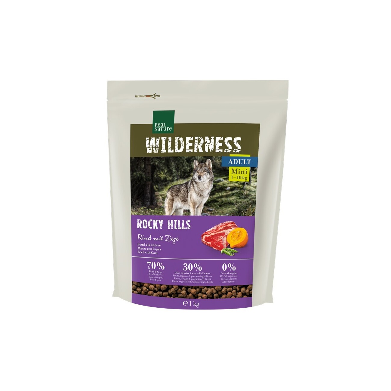 REAL NATURE WILDERNESS Trockenfutter Hund, Adult, Mini, Rocky Hills Rind und Ziege 1 kg