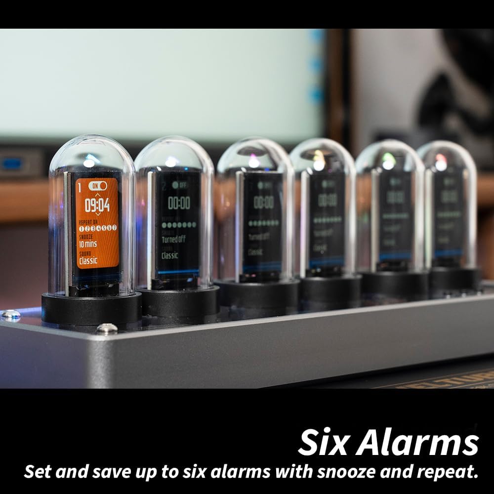 Simulierte Nixie-Röhren-Uhr mit 6 IPS-LCD-Ziffern, WLAN-Synchronisation, RGB-Beleuchtung, personalisierbarer Fotoanzeige und Aluminiumgehäuse – Retro-Cyberpunk-Tischuhr & Geschenk