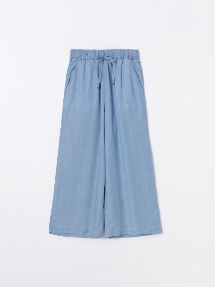 Calças culote em denim leve - Índigo