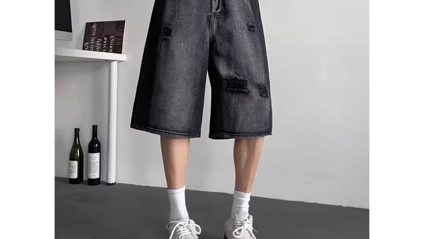 Diphon - Mid Rise Washed Distressed Denim Shorts