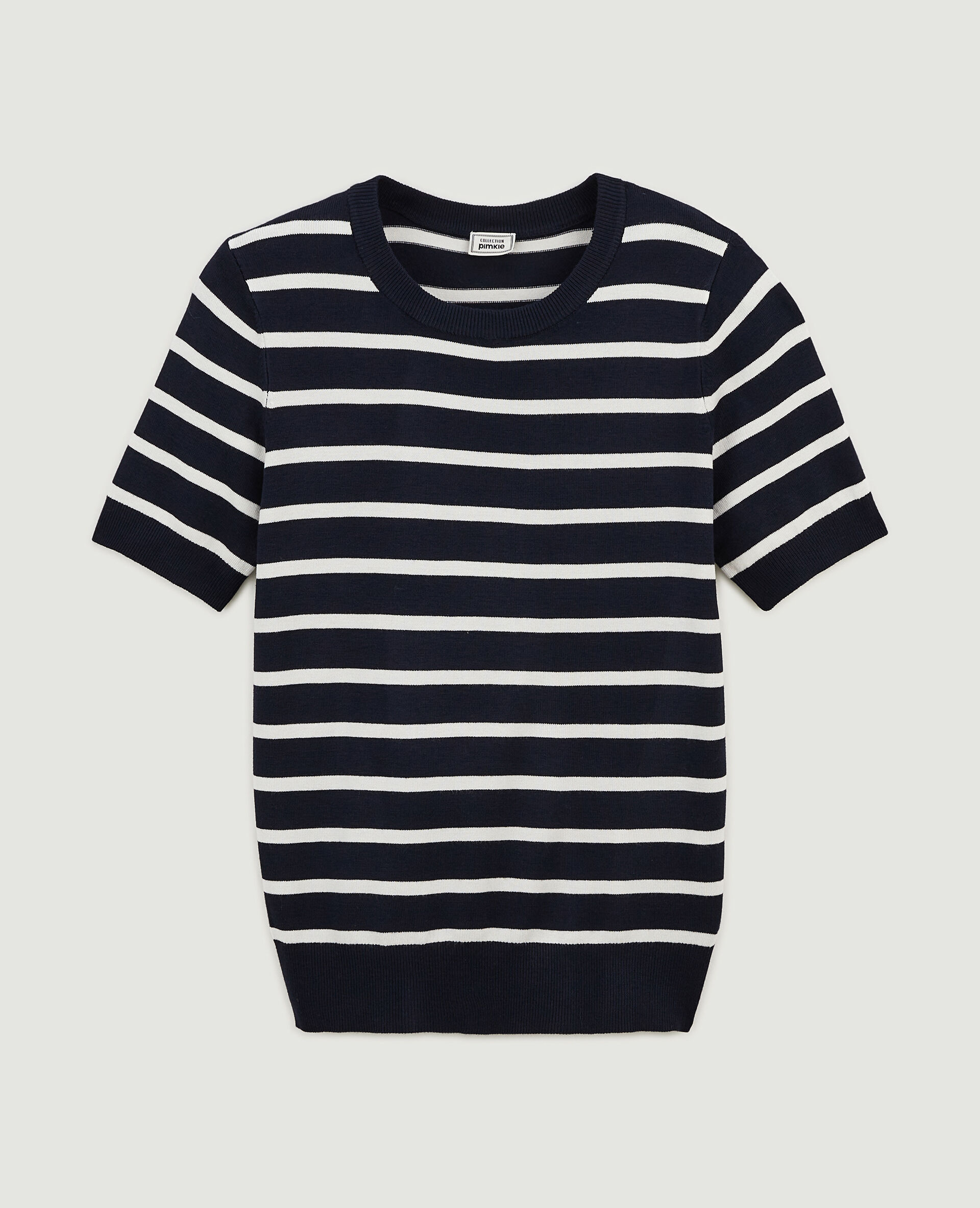 Pull manches courtes rayé en maille fine - Bleu marine