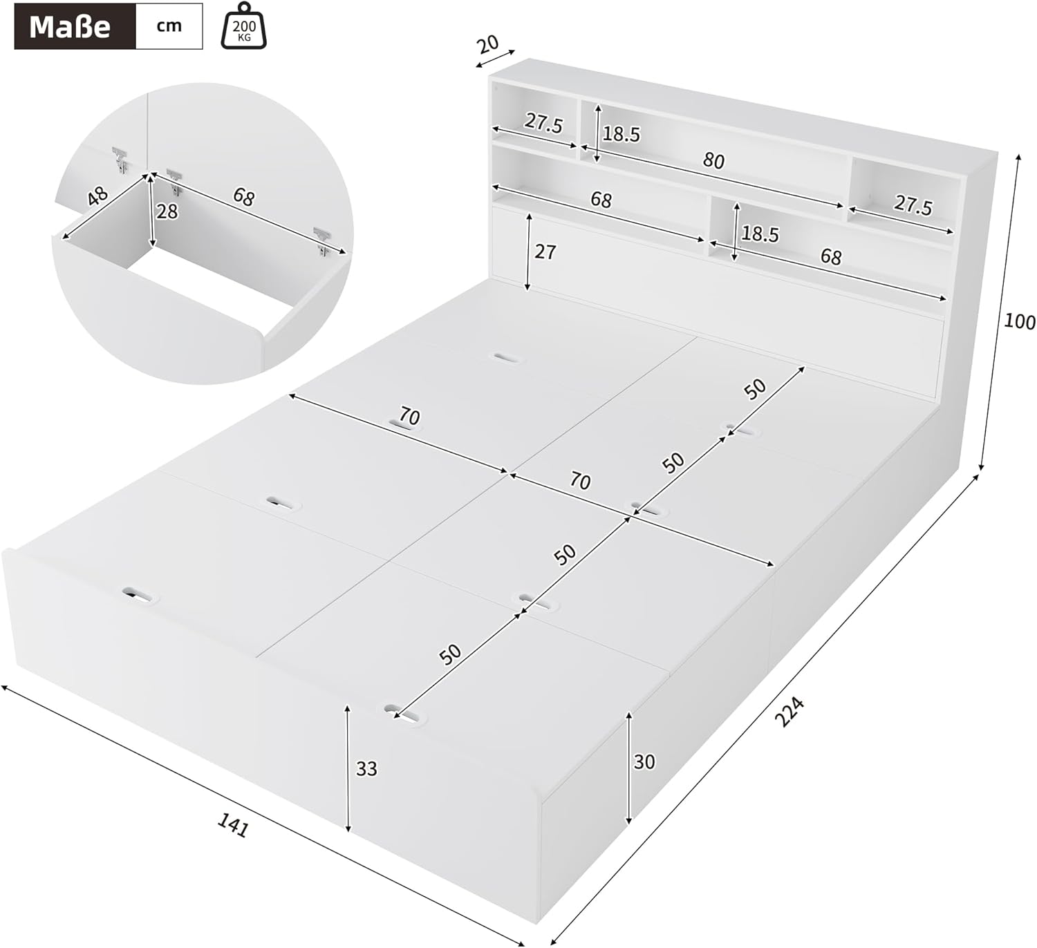 okwish Holzbett Jugendbett Flachbett 140x200 cm Doppelbett, Funktionsbett mit USB Typ-C, Bett mit Stauraum - Stauraumbett mit Schubladen & Bettkasten, Weiß (ohne Matratze)