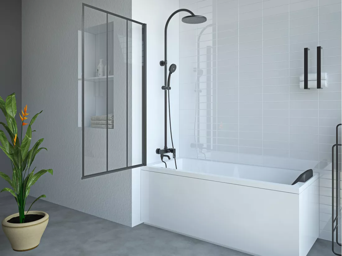 Pare-baignoire pivotant noir mat look atelier - 80 x 140 cm - DOLANA