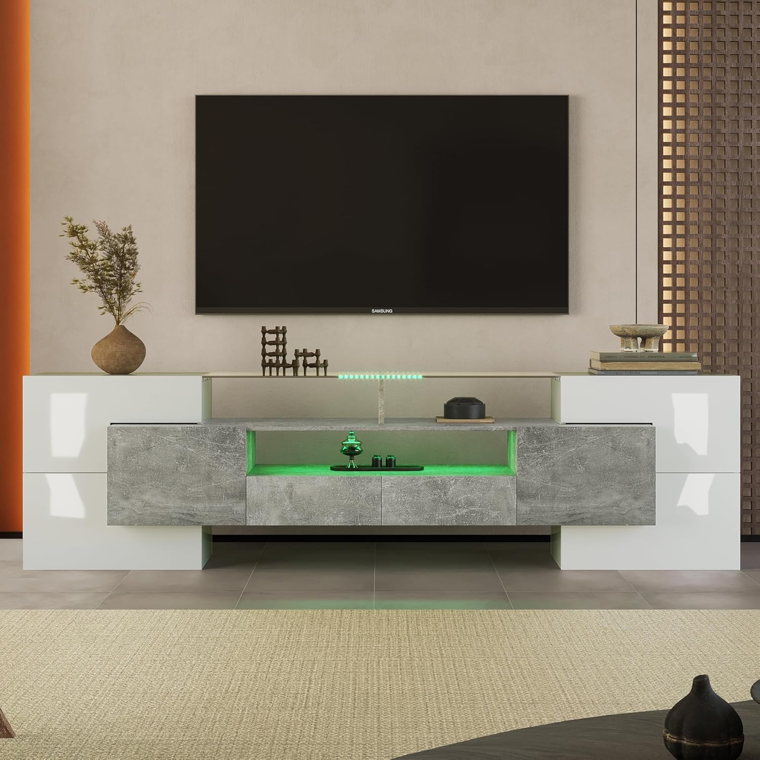 Hochglanz-TV Schrank Länge 200 cm für Fernseher bis zu 85 Zoll, Lowboard mit Offenen Fächern und LED Licht, Fernsehschrank mit Türe und Schubladen, Wohnzimmerschrank TV Board, Weiß+Grau