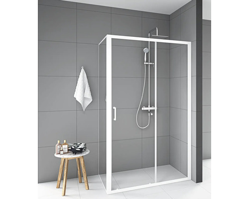 Douchedeur met zijpaneel en schuifdeur Aurlane 80 x 120 cm, wit profiel, helder glas, zijpaneelscharnier links, deurscharnier rechts