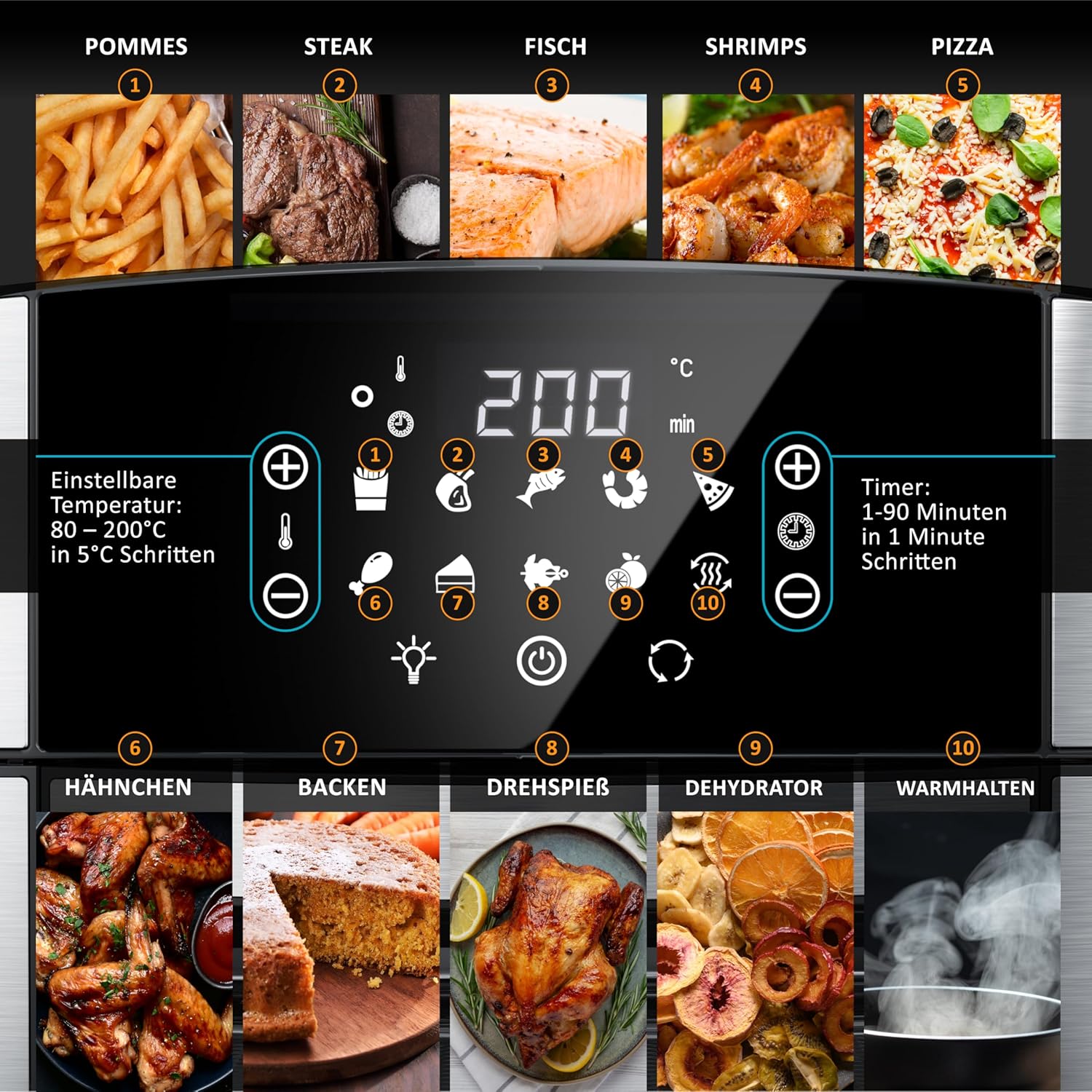 Arendo - XXL Heißluftfritteuse 16 Liter - Grill - Dörrautomat - Backofen - Air Fryer - Touchscreen - Easy&Clean - Fritteuse ohne Öl - Umluft - Pizza Hähnchen Pommes - BPA frei - schwarz