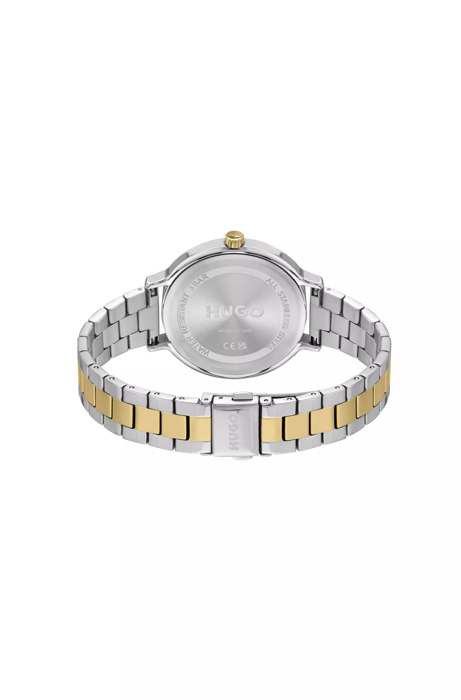 Relógio HUGO vermelho bicolor com mostrador múltiplo e pulseira de elos.