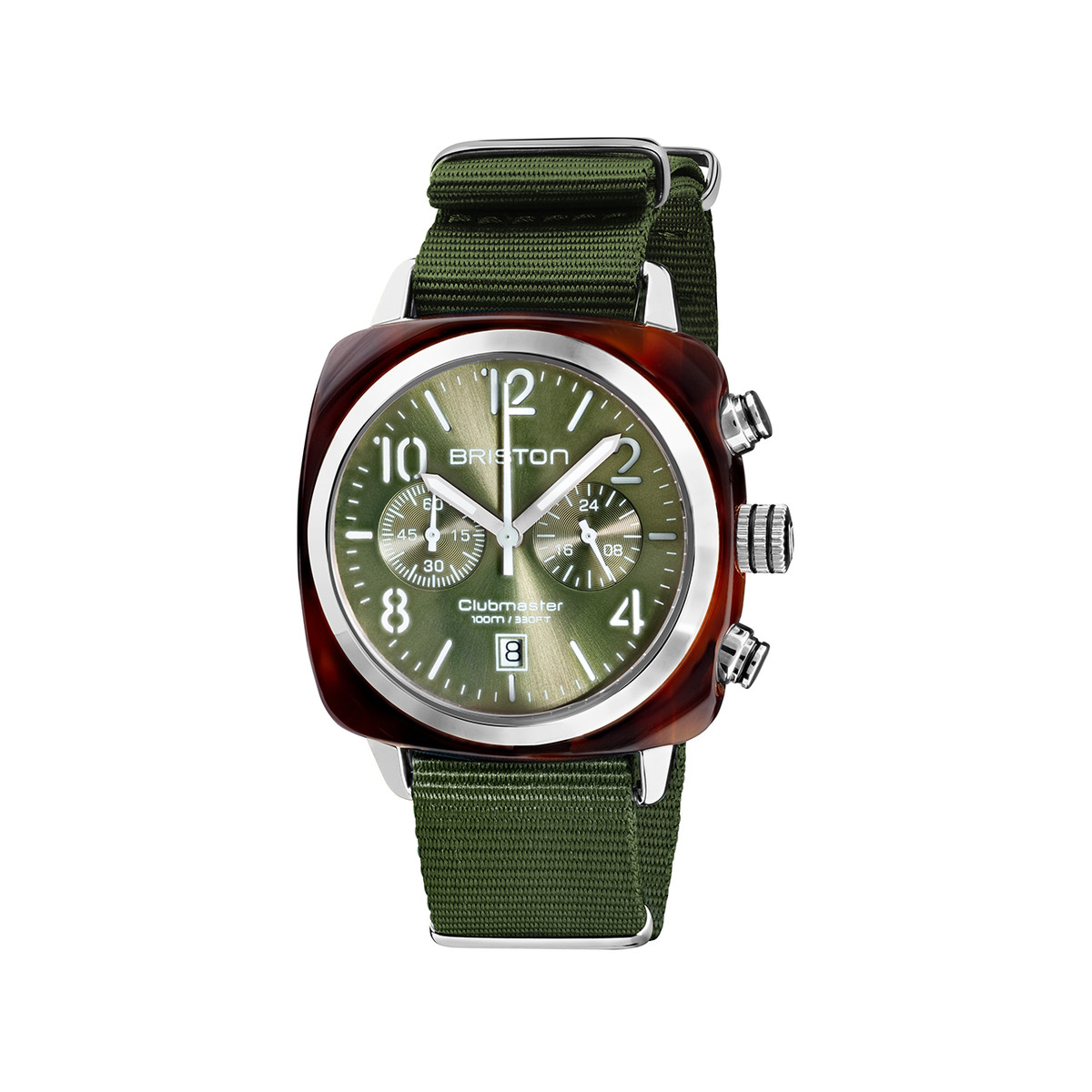 Montre BRISTON clubmaster classic chrono homme bracelet tissu vert olive