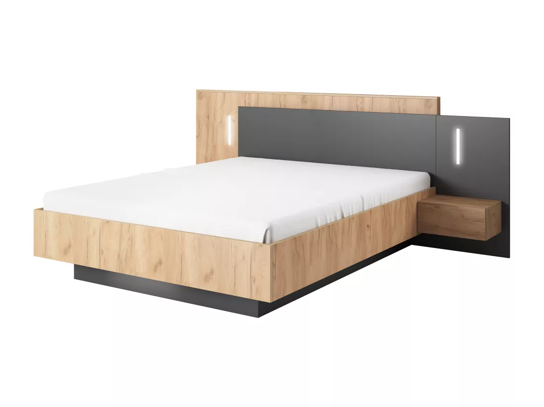 Lit avec chevets 160 x 200 cm - 2 tiroirs - Avec LEDs - Coloris : Naturel et anthracite - FRANCOLI