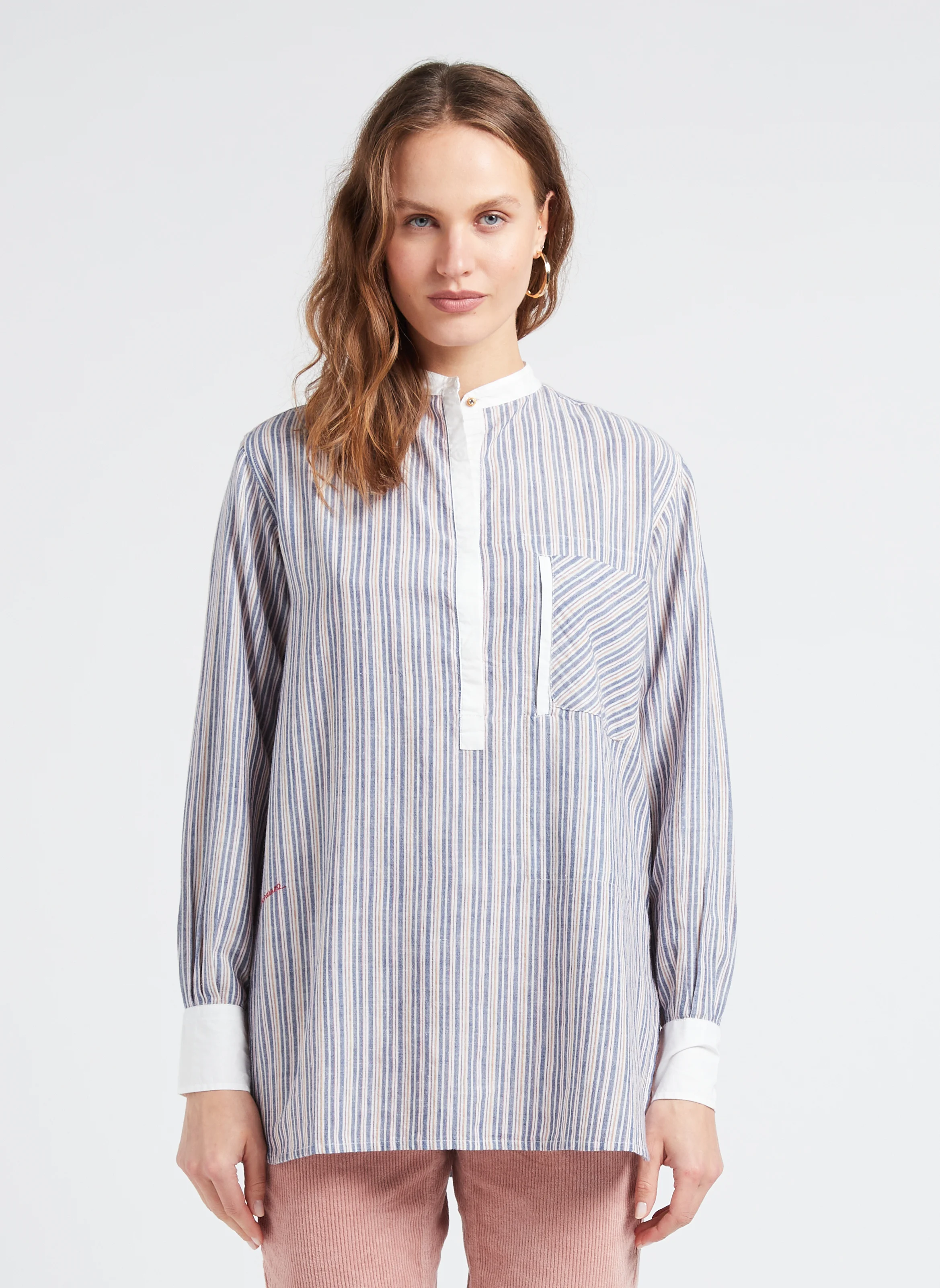 LORI - Blouse ample col mao en coton | Bleu