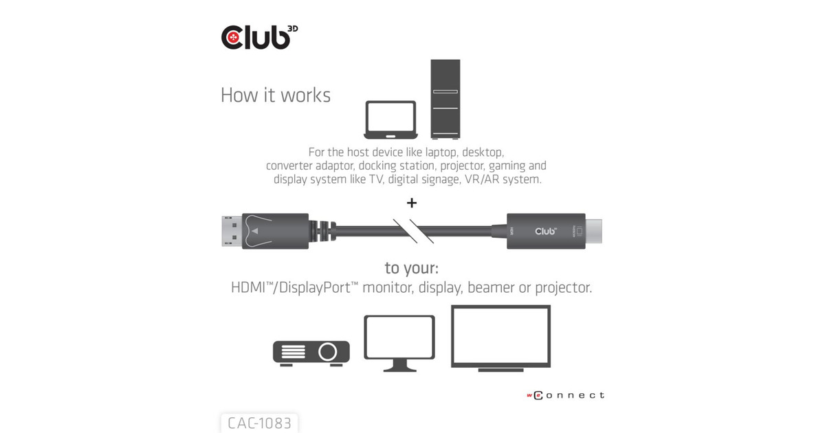 Club 3DDisplayPort 1.4 to HDMI 4K60Hz kabel adapter  (Zwart, HDR M/M 2m)