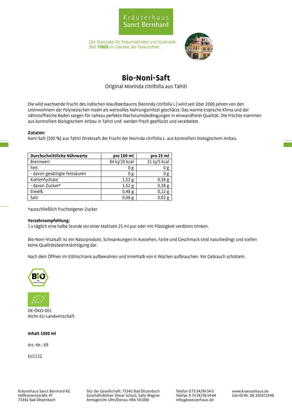 Sanct Bernhard Bio-Noni-Vitalsaft