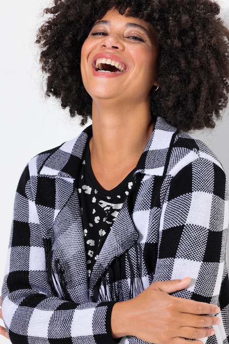 Strickjacke, Straight Fit, Karo, Fransenkanten