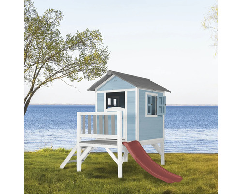 Speelhuis op stelten, axi Lodge, 240 x 167 cm, hout, blauw, inclusief rode glijbaan