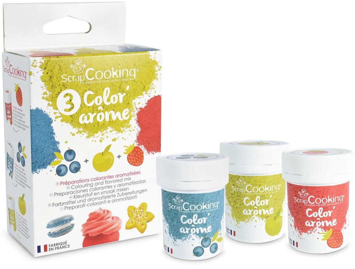 3 Colorants-arômes alimentaires fraise-pomme-myrtille Scrapcooking
