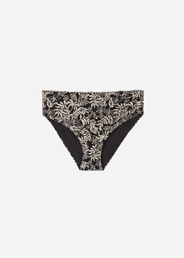 Calcinha de biquíni de cintura alta modeladora com estampa botânica em preto e branco.