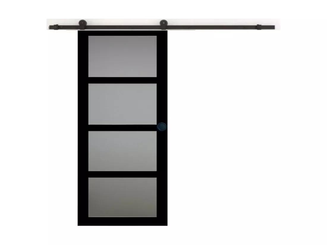 Porte Coulissante Telia Noir Vitrée H204 X L83 + Rail à Roulettes Et 2 Coquilles Noir Gd Menuiseries